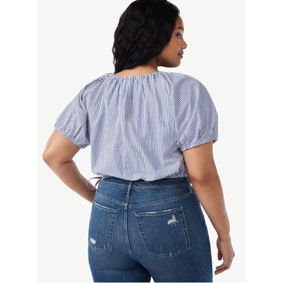 NWT Womens Free Assembly Pinstriped Short Sleeve Bubble Top - Sz XS - Picture 2 of 4